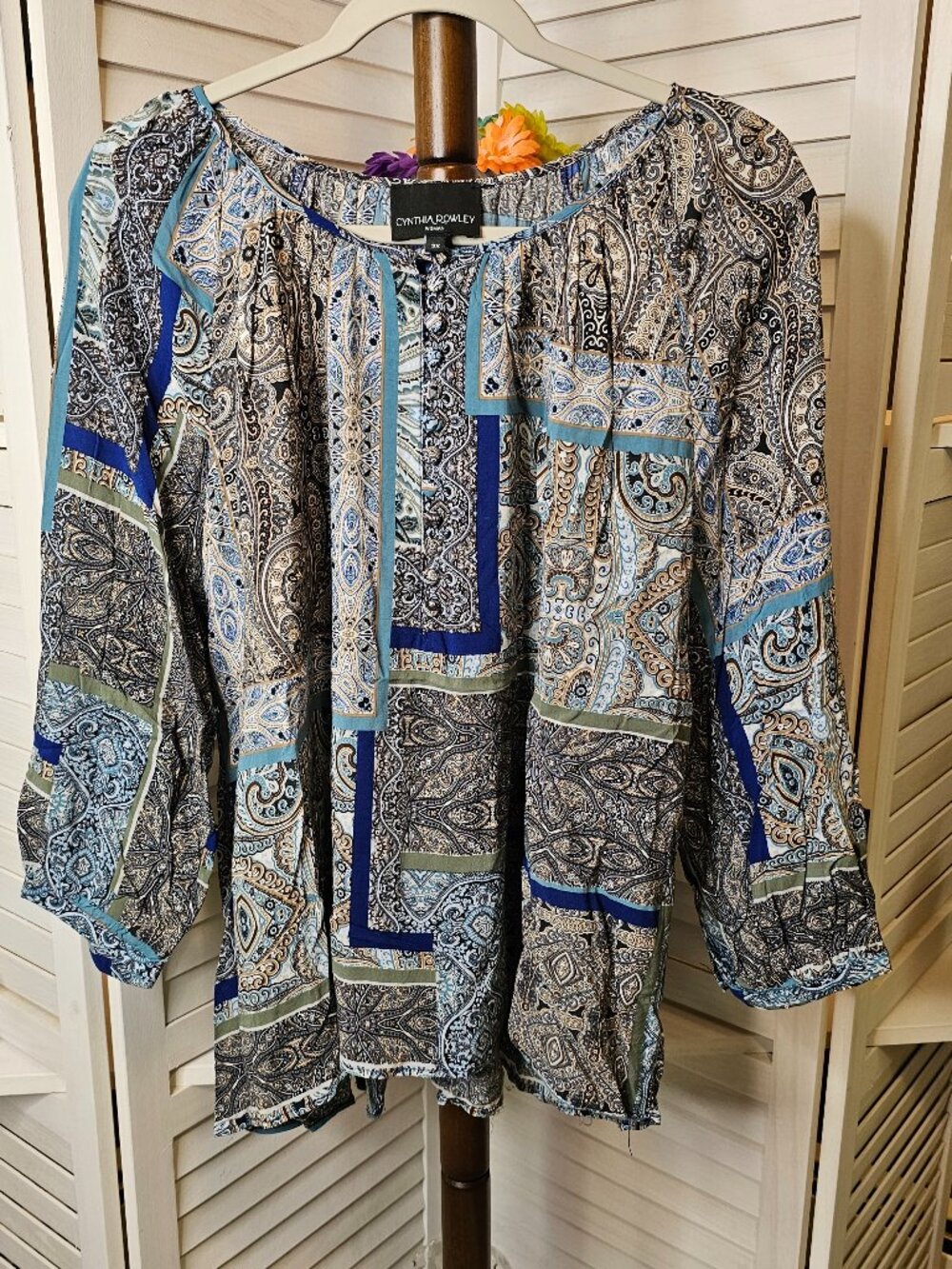 Cynthia Rowley Woman, Plus Size 3X, Blue "Patchwork" Blouse, NWOT